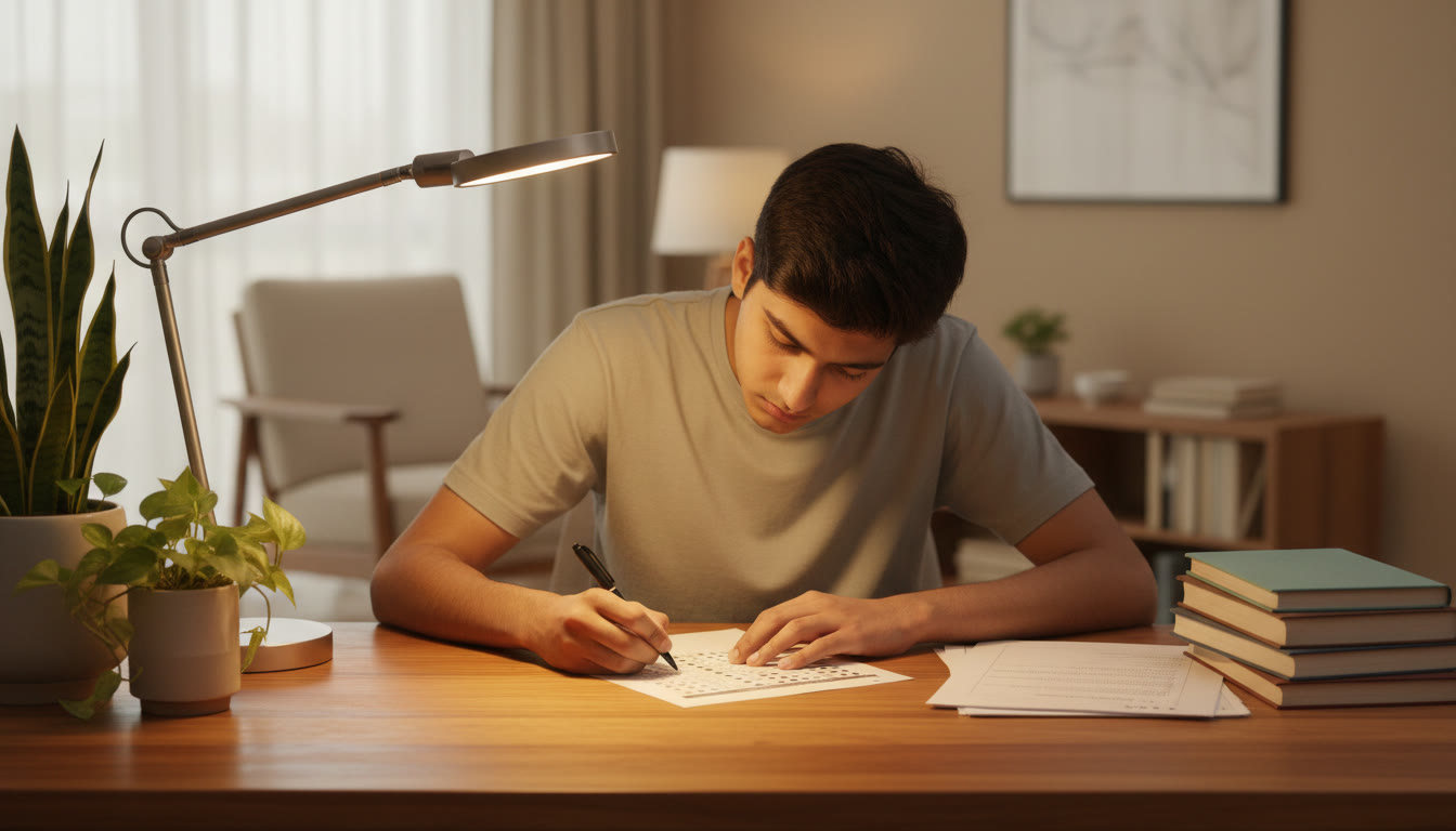 Photo Idea : A focused student filling an OMR sheet under a soft study lamp