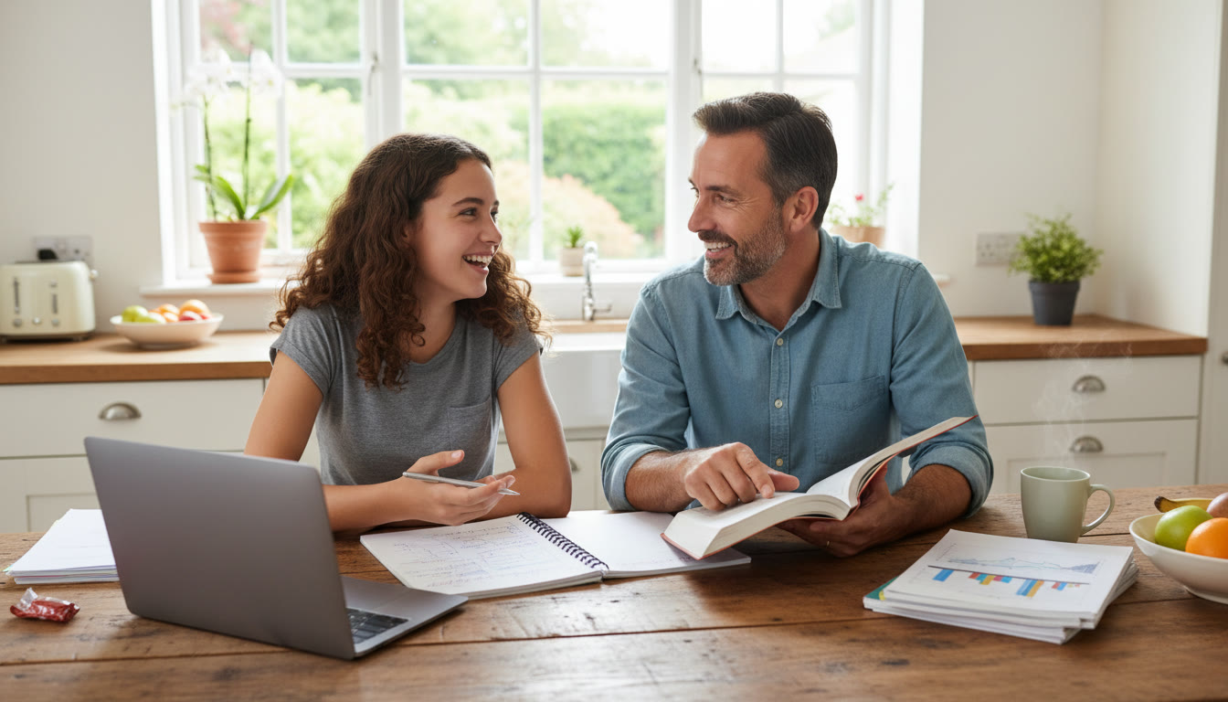 Photo Idea : A parent and student at a kitchen table with notebooks and a laptop, talking and smiling while working together