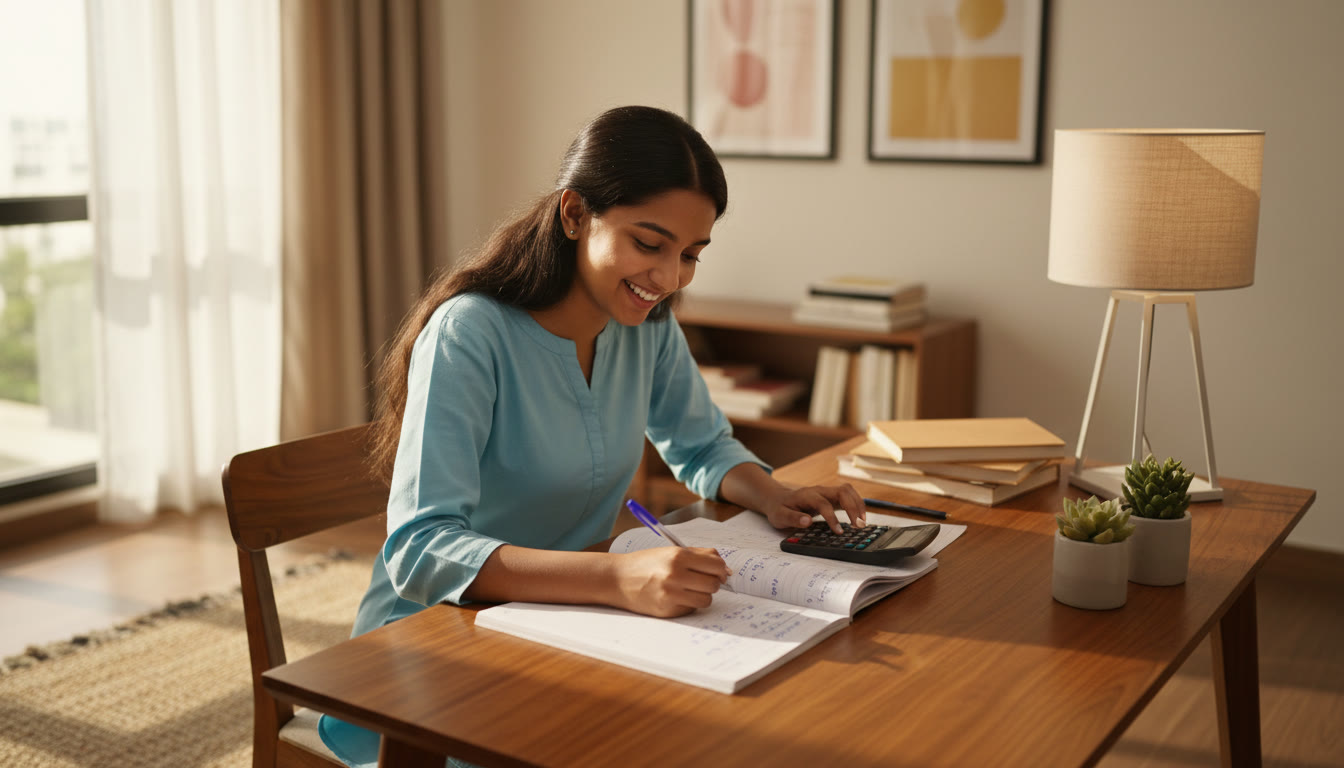 Photo Idea : Student at a study desk solving physics problems with notebook open, calculator beside, neat stepwise working visible