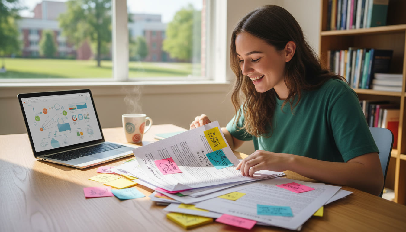 Photo Idea : student at a desk with printed Extended Essay pages, colorful sticky notes and a laptop