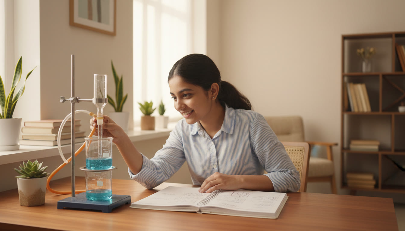 Photo Idea : student checking an experiment setup with a lab manual open beside them