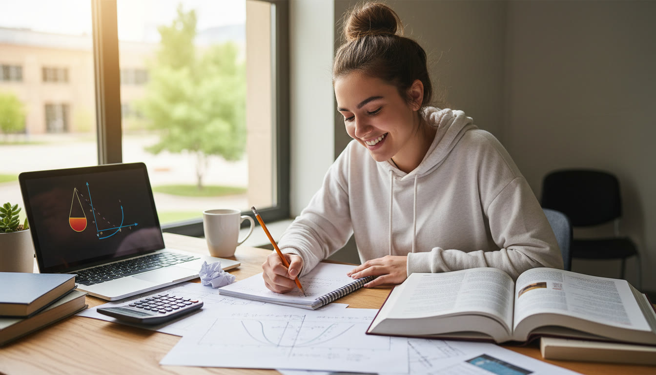 Photo Idea : A focused student solving physics problems at a desk with textbooks, graphs and a laptop