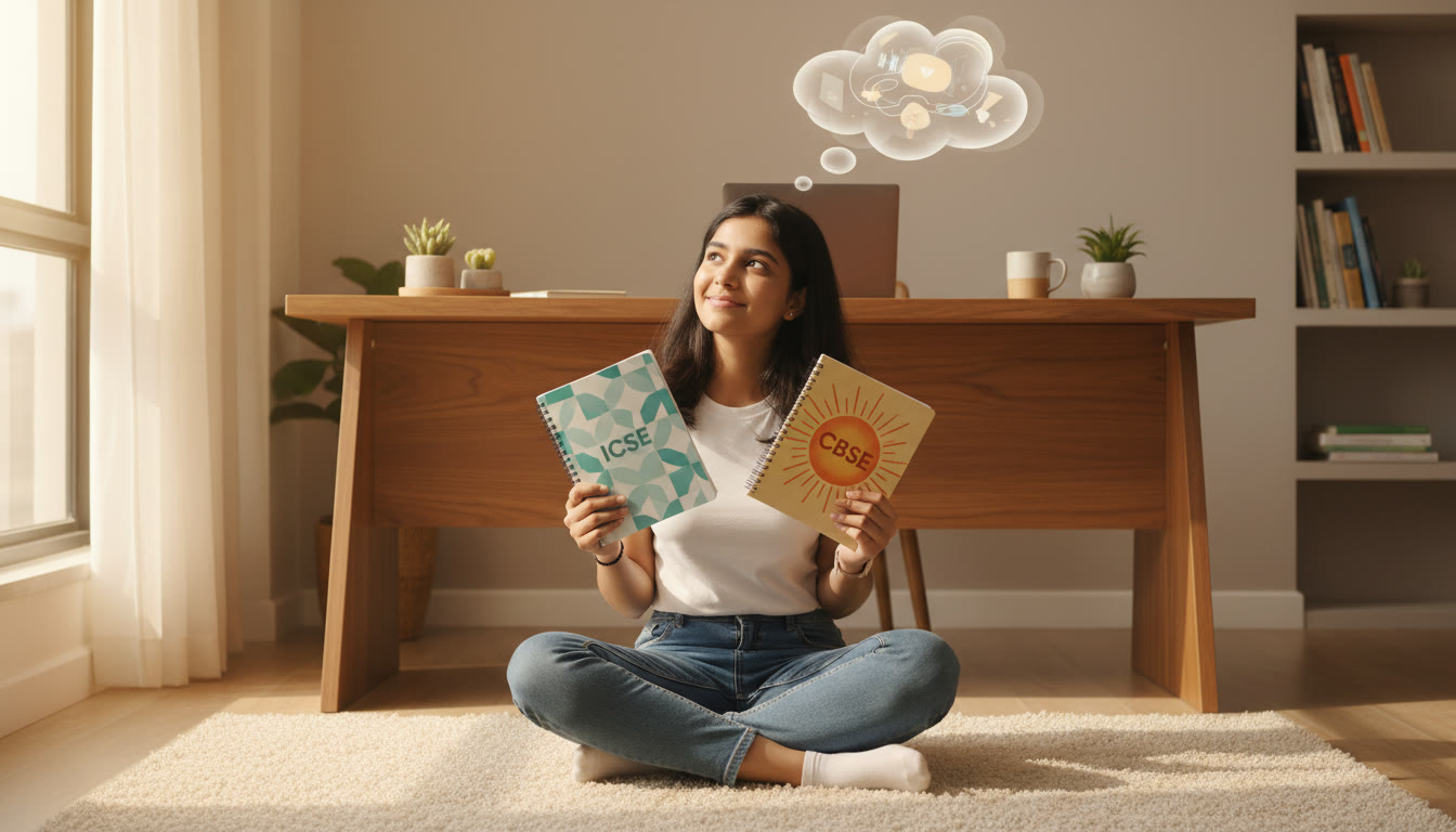 Photo Idea : Student holding two notebooks labelled ICSE and CBSE while thinking