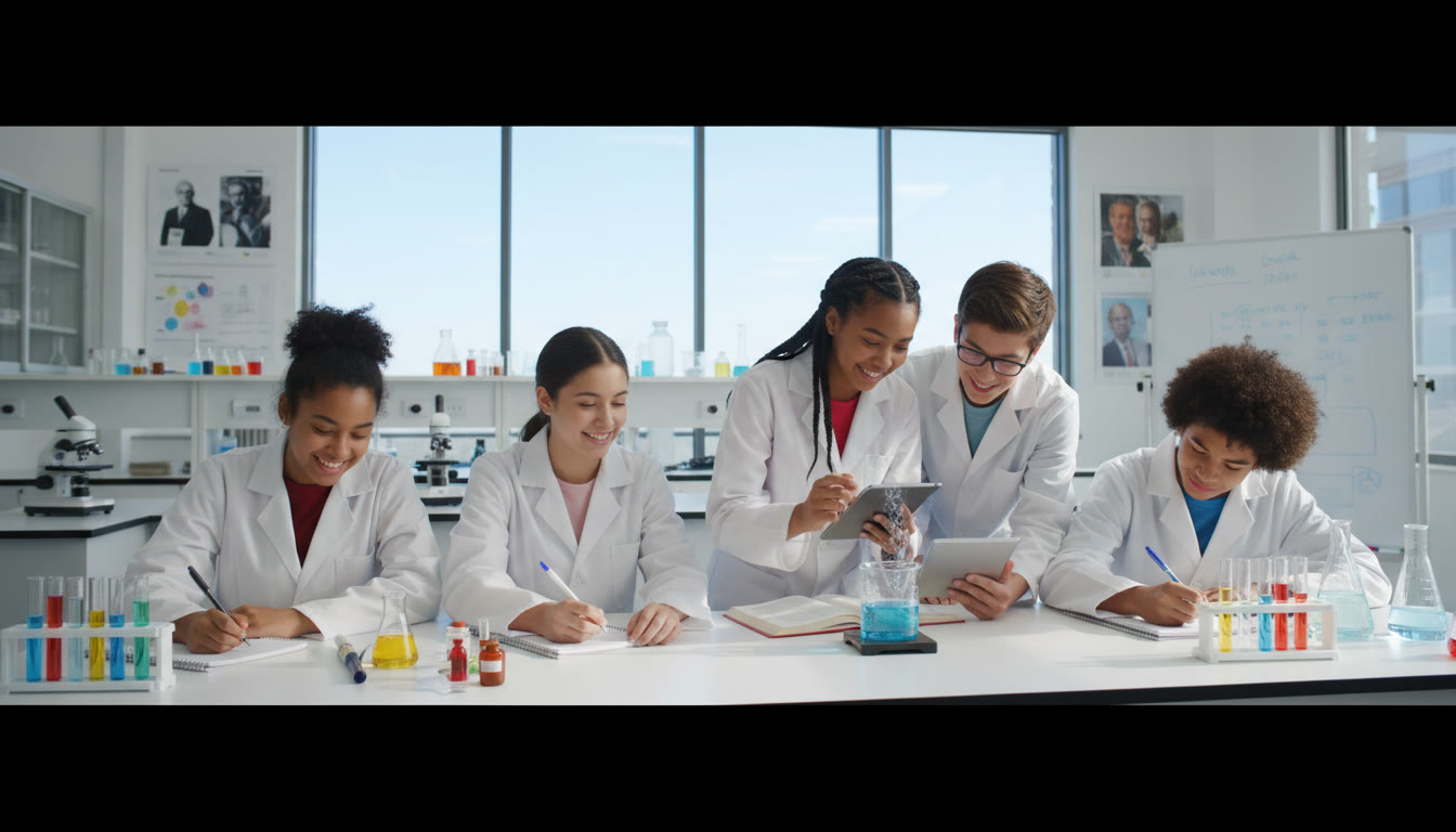 Photo Idea : A small group of students in a bright school laboratory, focused on an experiment and taking notes