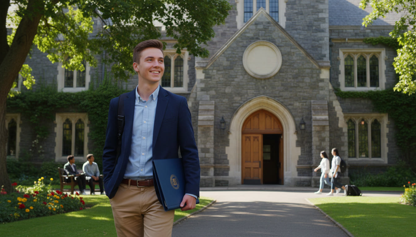 Photo Idea : Student carrying an IB diploma folder walking toward a university stone building
