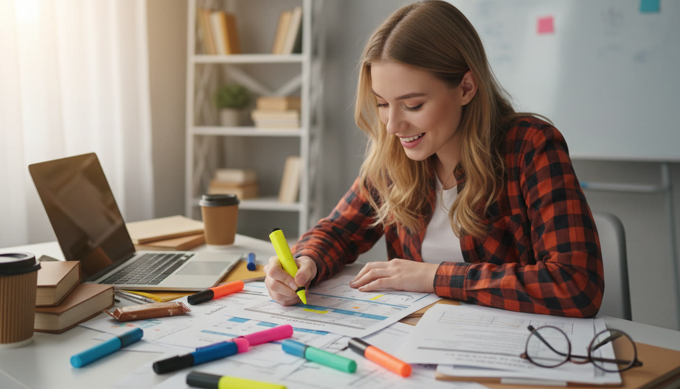 Photo Idea : Student annotating a printed markscheme and past paper at a cluttered desk with colorful highlighters