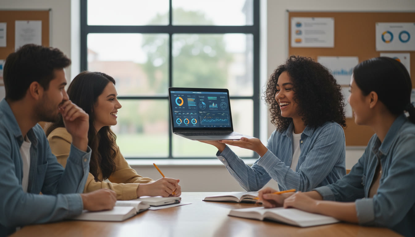 Photo Idea : Student presenting a dashboard prototype on a laptop to a small group