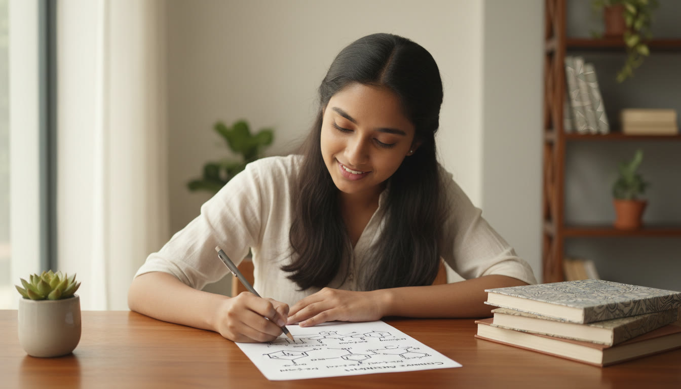 Photo Idea : Student writing a neatly structured chemistry answer with balanced equations and a labeled diagram on paper