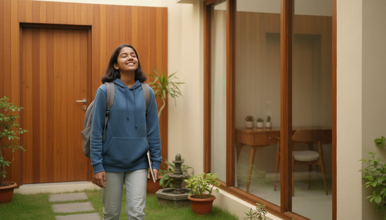 Photo Idea : A student taking a short walk outside with a backpack, looking relaxed and refreshed