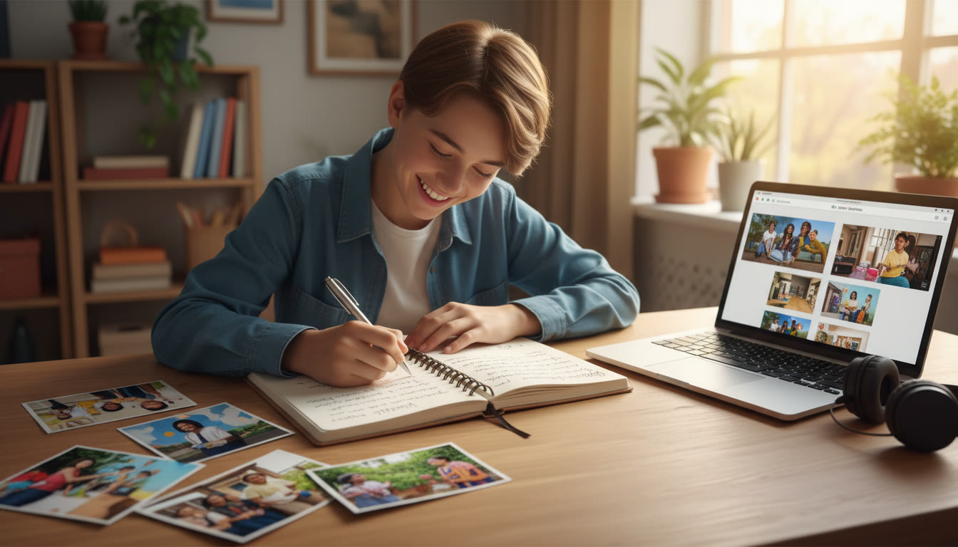 Photo Idea : Student writing in a CAS journal beside printed photos from community service and a laptop showing a portfolio