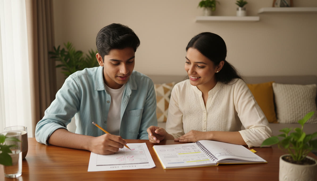 Photo Idea : A student and tutor reviewing a marked mock test with notes and a highlighted error log