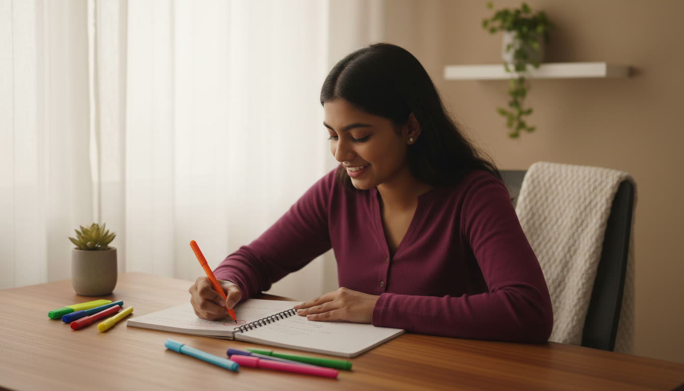Photo Idea : A student circling a mistake in an error-log notebook with colorful pens nearby