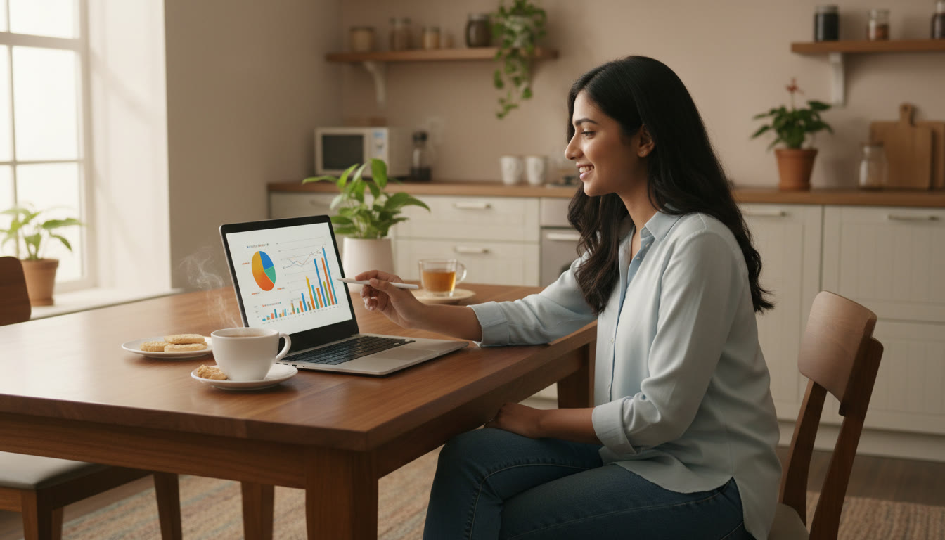 Photo Idea : student analyzing mock test results on a laptop at a kitchen table with a cup of tea nearby