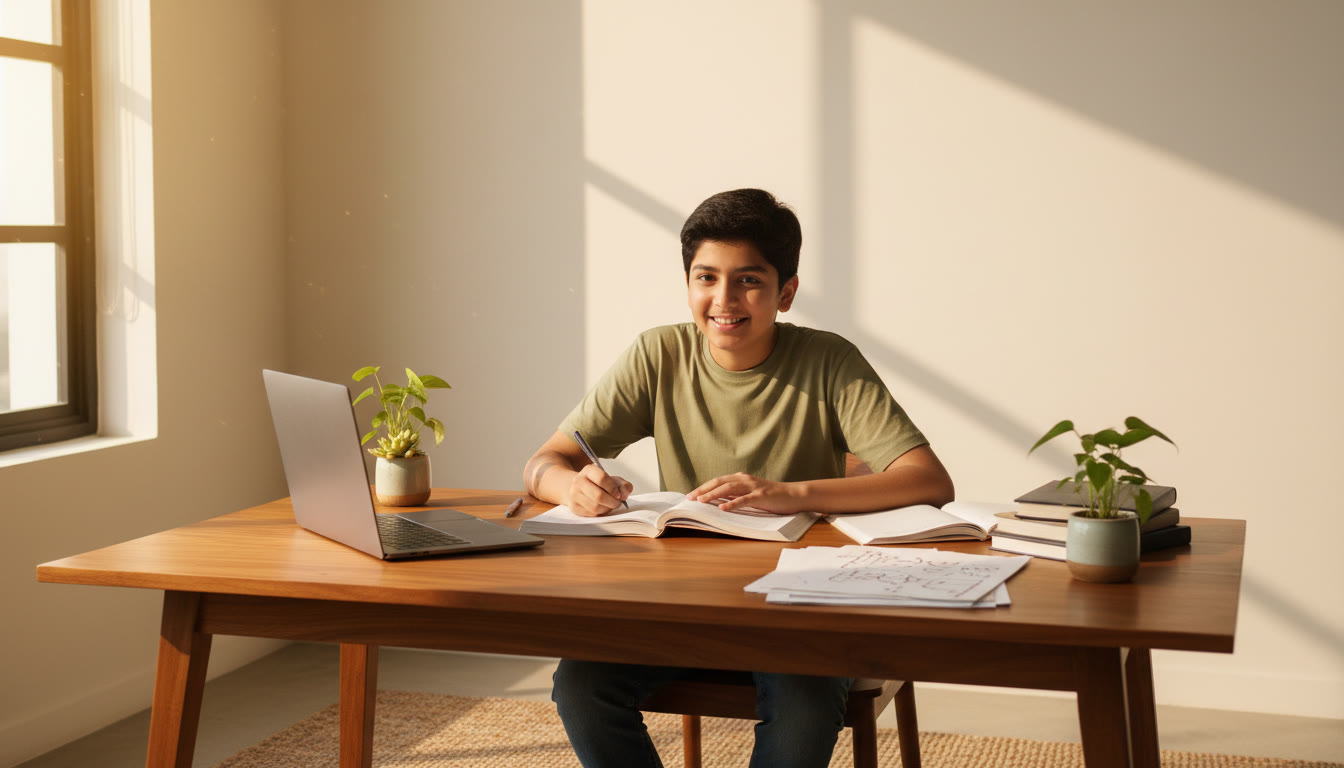 Photo Idea : A focused Class 9 student at a desk with open notebooks, a laptop, and neatly organized study materials in warm natural light.