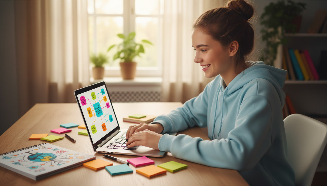 Photo Idea : Student writing concise notes on a laptop with an IB notebook and colourful sticky notes nearby