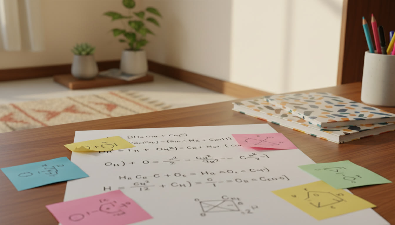 Photo Idea : close-up of neatly written formula sheet and colour-coded sticky notes on a desk