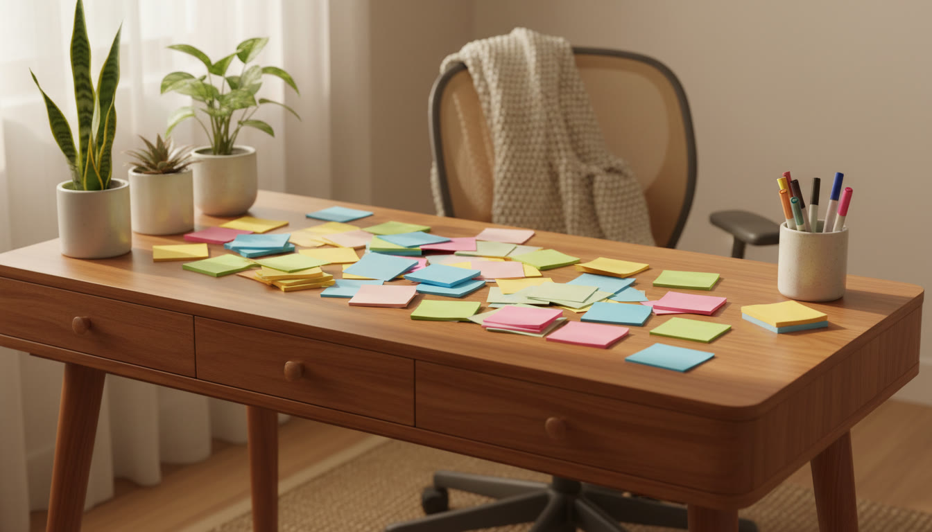Photo Idea : Close-up of colored flashcards and sticky notes on a study desk
