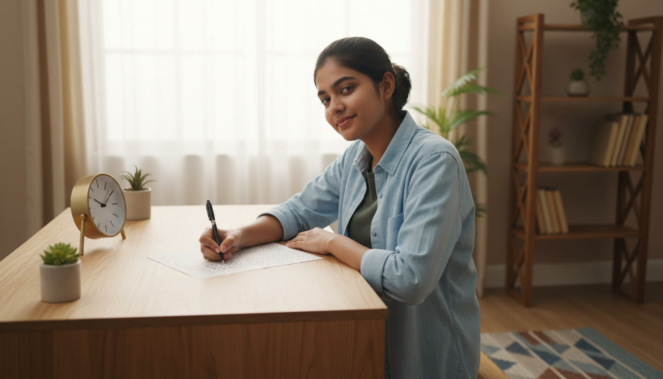 Photo Idea : student calmly filling an OMR sheet during a timed mock test with a clock nearby