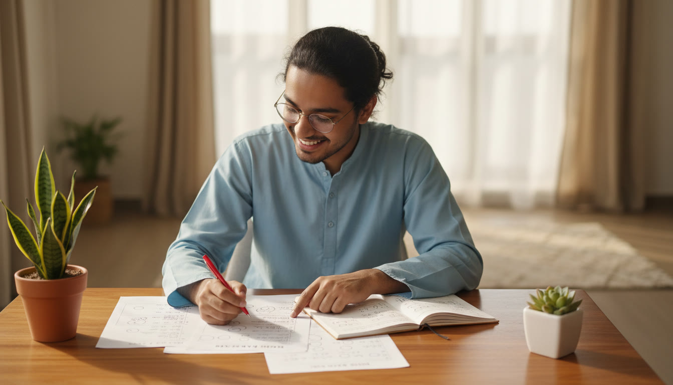 Photo Idea : A student analyzing a recent mock test on a table, with a notebook highlighting weak topics and corrections