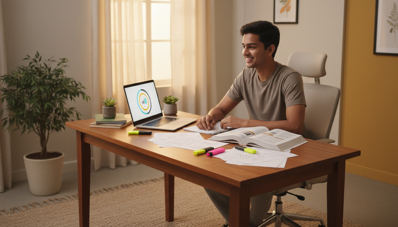 Photo Idea : A student at a desk with open NCERT textbooks, highlighters and a laptop showing a timer