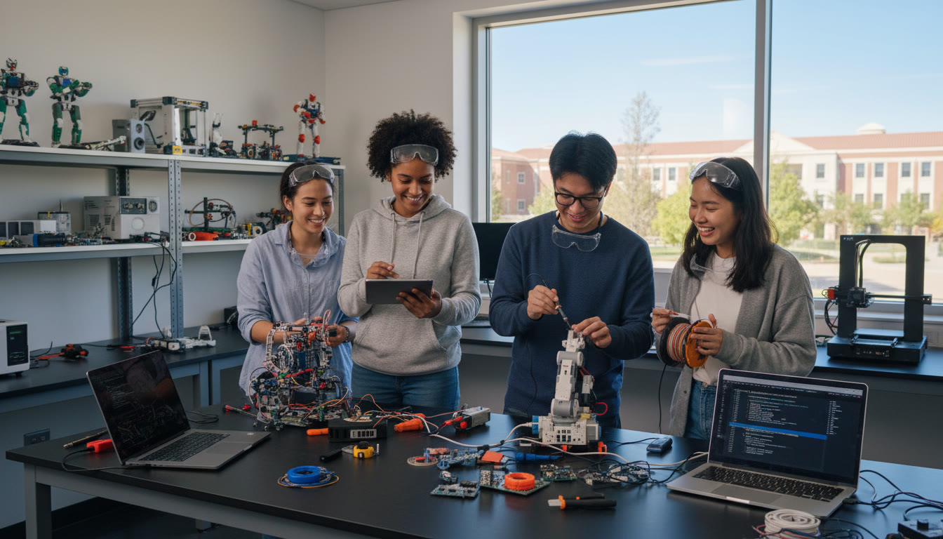 Photo Idea : A small group of IB students collaborating on a robotics project in a university lab