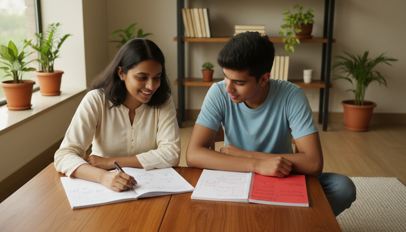 Photo Idea : A tutor and student discussing a mock paper with a marked error log on the table