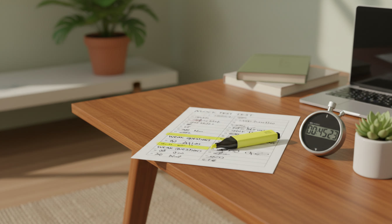 Photo Idea : A desk with a printed mock test, stopwatch, and a highlighter marking weak questions