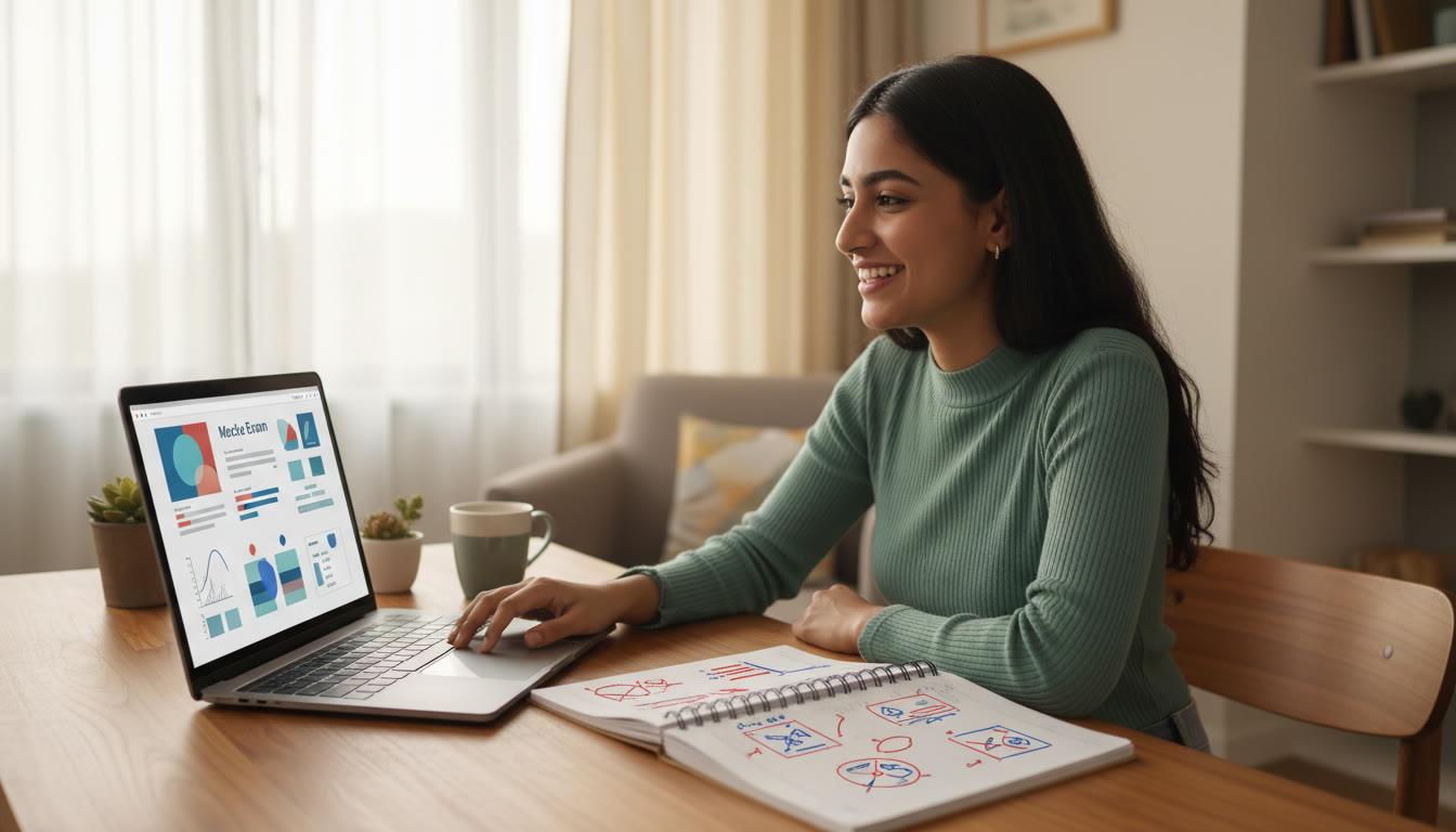 Photo Idea : A student at a desk with a laptop showing a full-length mock interface and a notebook of error notes
