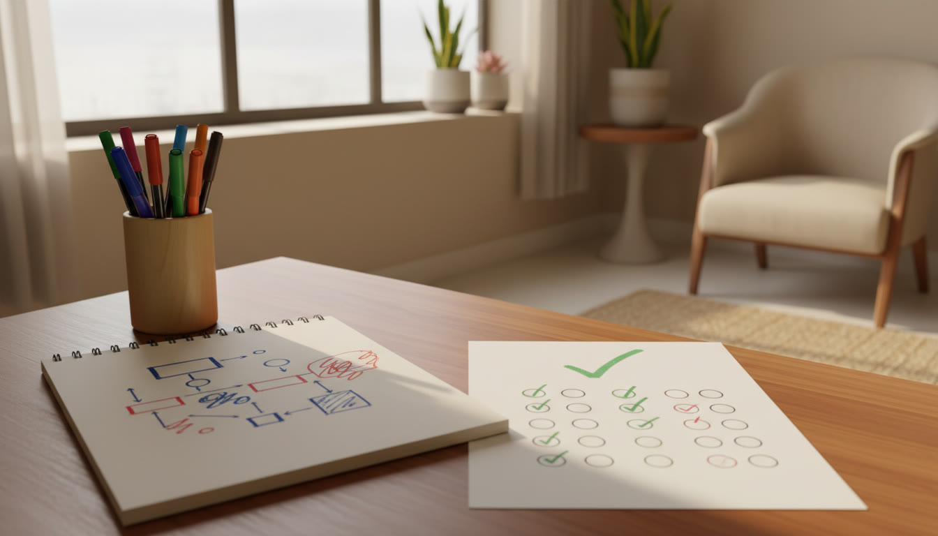 Photo Idea : Open notebook showing an error log, colored pens, and a solved MCQ sheet