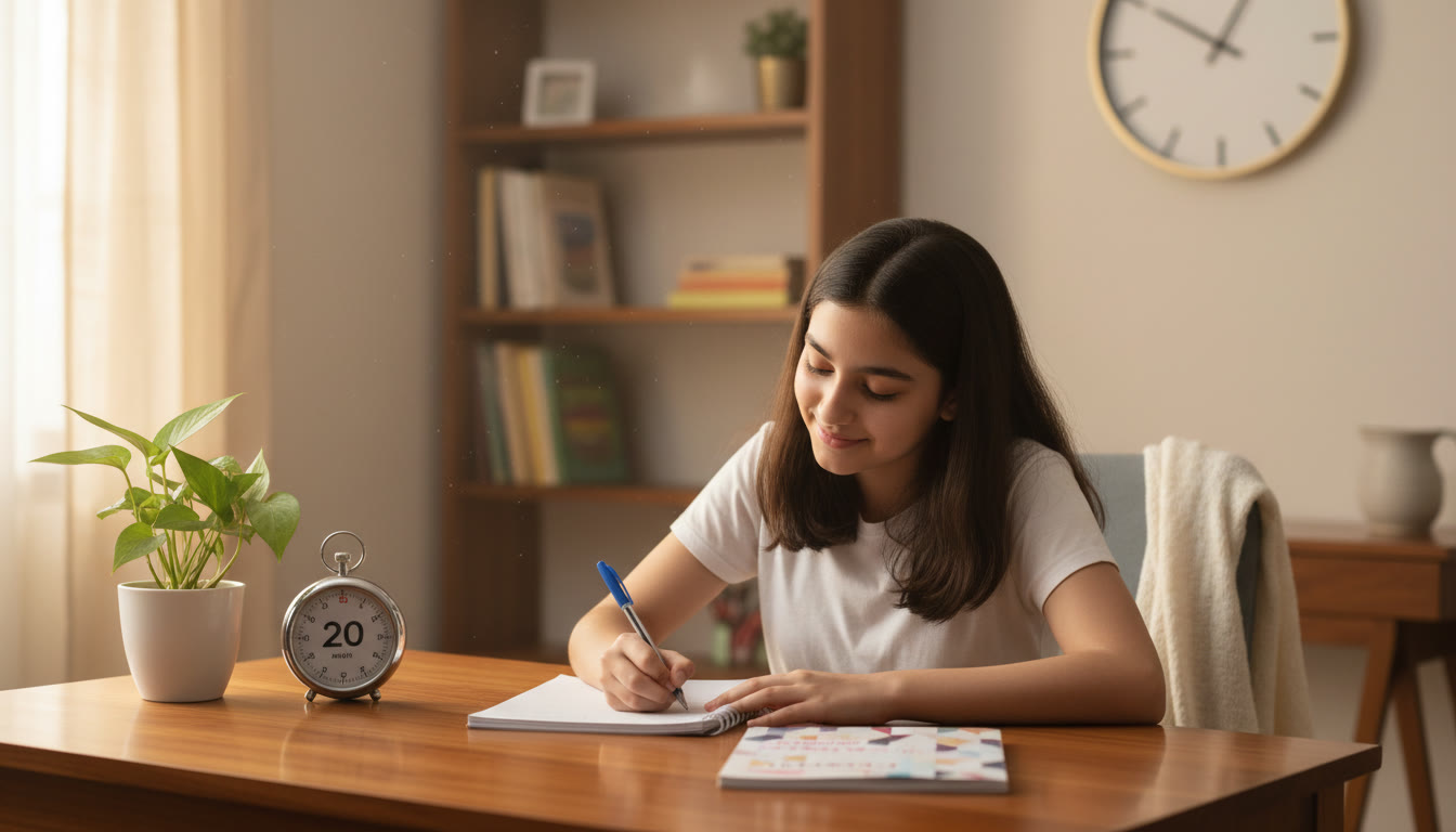 Photo Idea : a student writing a mock exam at a desk with a timer and a corrections notebook open.