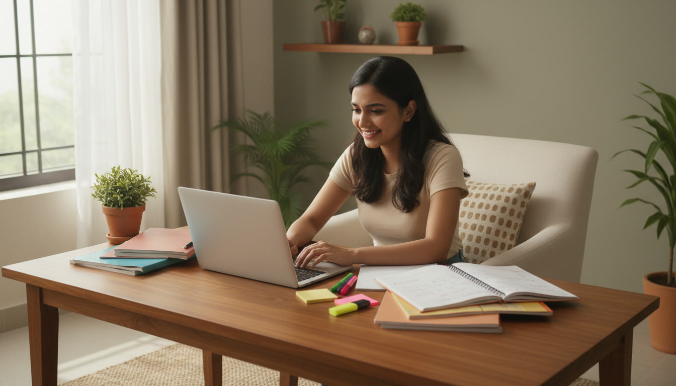 Photo Idea : Student reviewing a mock test result on a laptop with notes and highlighters nearby