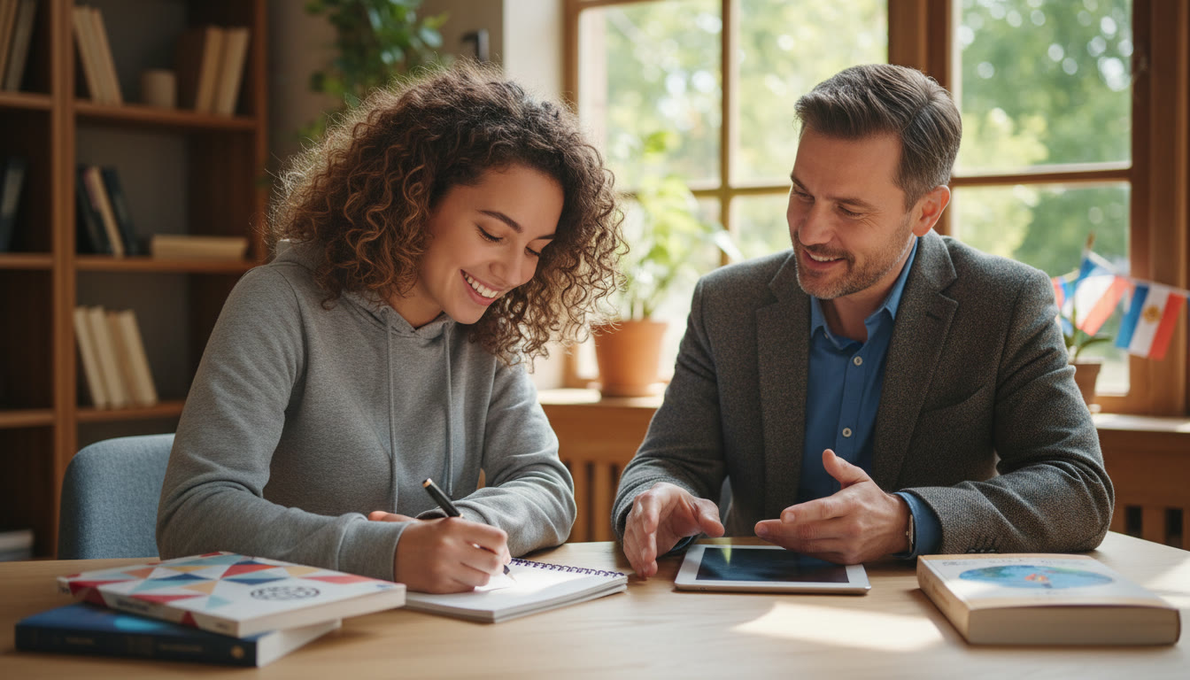 Photo Idea : Student at a desk writing notes with IB textbooks and a counselor sitting beside them