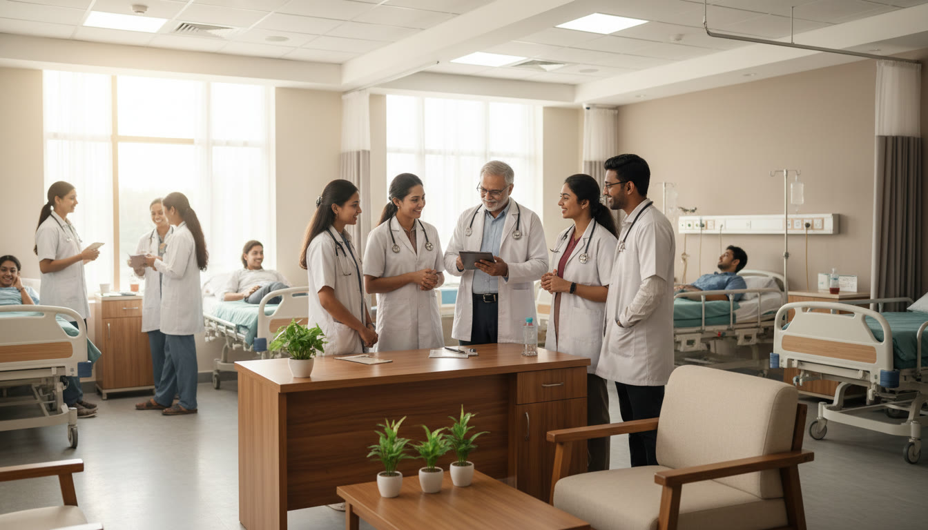 Photo Idea : A busy teaching hospital ward where students take part in clinical rounds alongside a senior physician