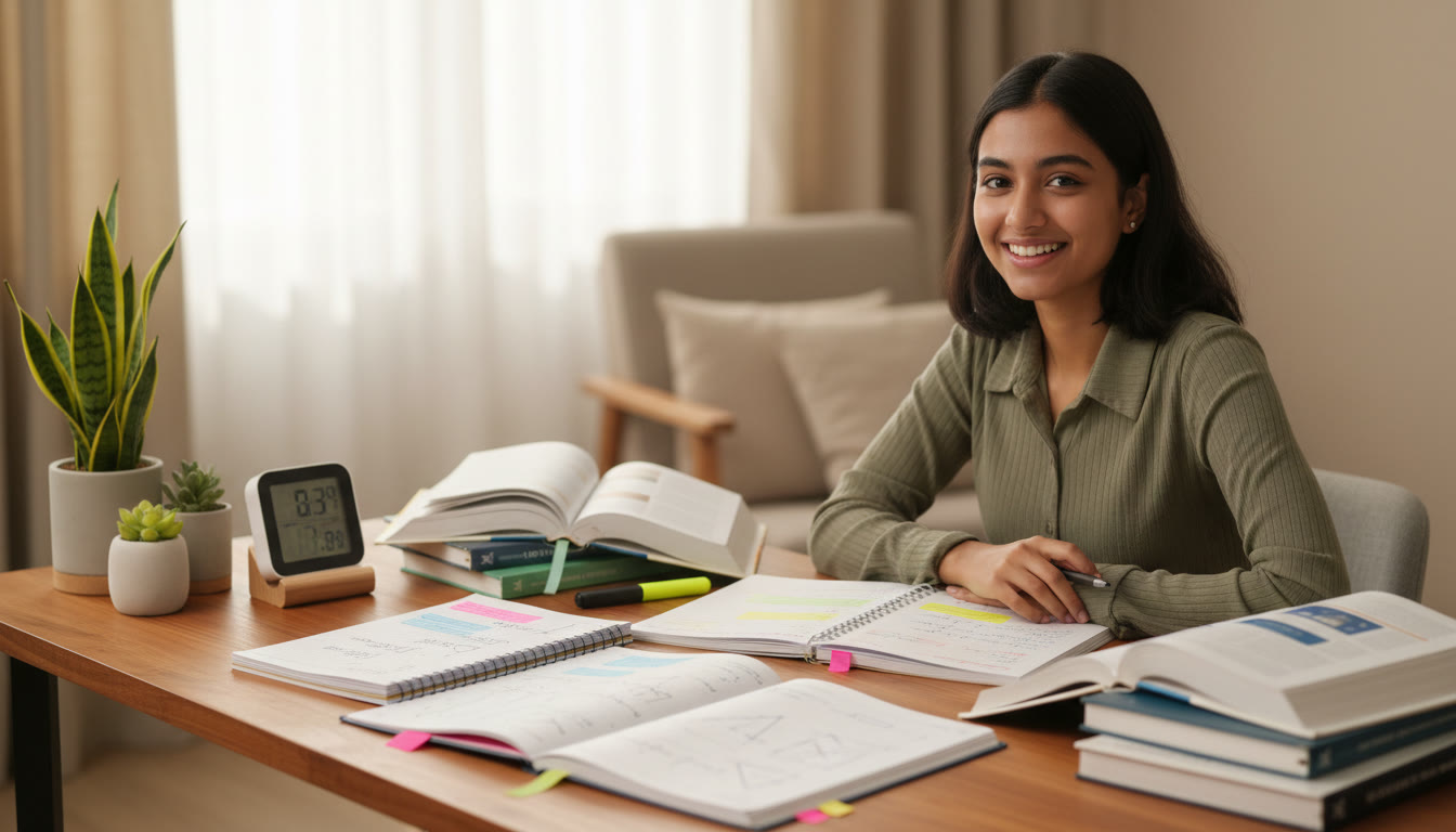 Photo Idea : Student with open notebooks and science textbooks organised by chapter, highlighting notes and a timer