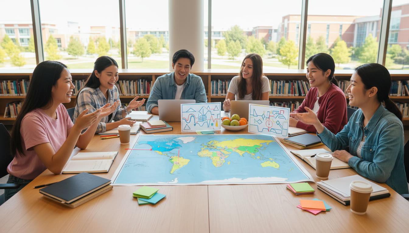Photo Idea : students clustered around a table with maps, highlighted case notes and theory flashcards