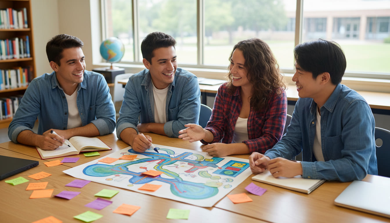 Photo Idea : A small group in discussion around a TOK poster, colored notes and diagrams visible