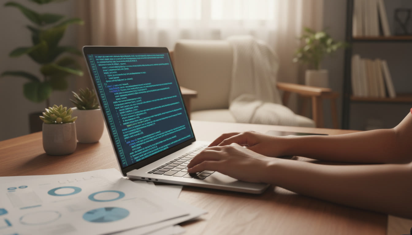 Photo Idea : a close-up of hands typing code on a laptop with lines of code on screen and research papers stacked nearby
