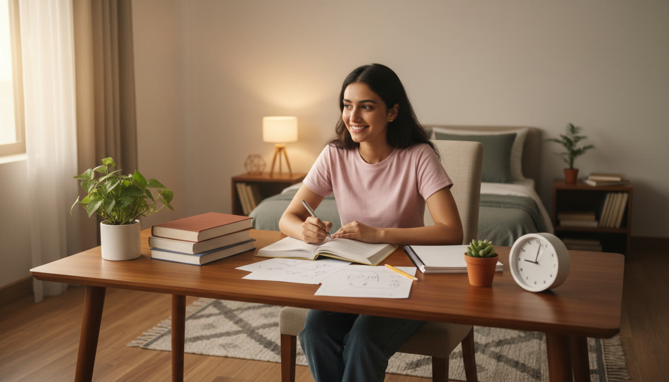 Photo Idea : a focused NEET student at a tidy study desk with NCERT books and a clock showing early morning