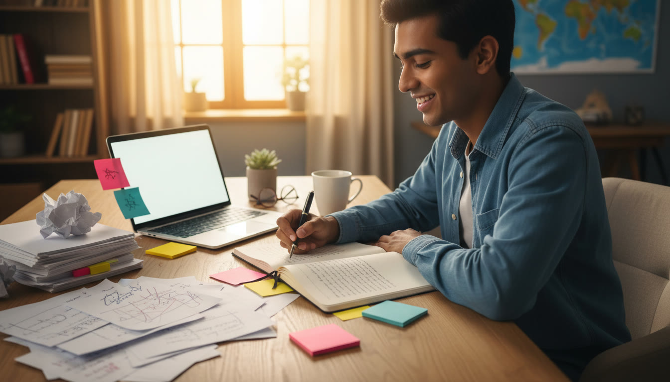 Photo Idea : Student at a desk writing a polished essay with scattered drafts and colored sticky notes