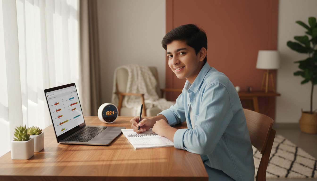 Photo Idea : A focused student at a desk with a laptop showing a timed mock test interface, pen and timer visible