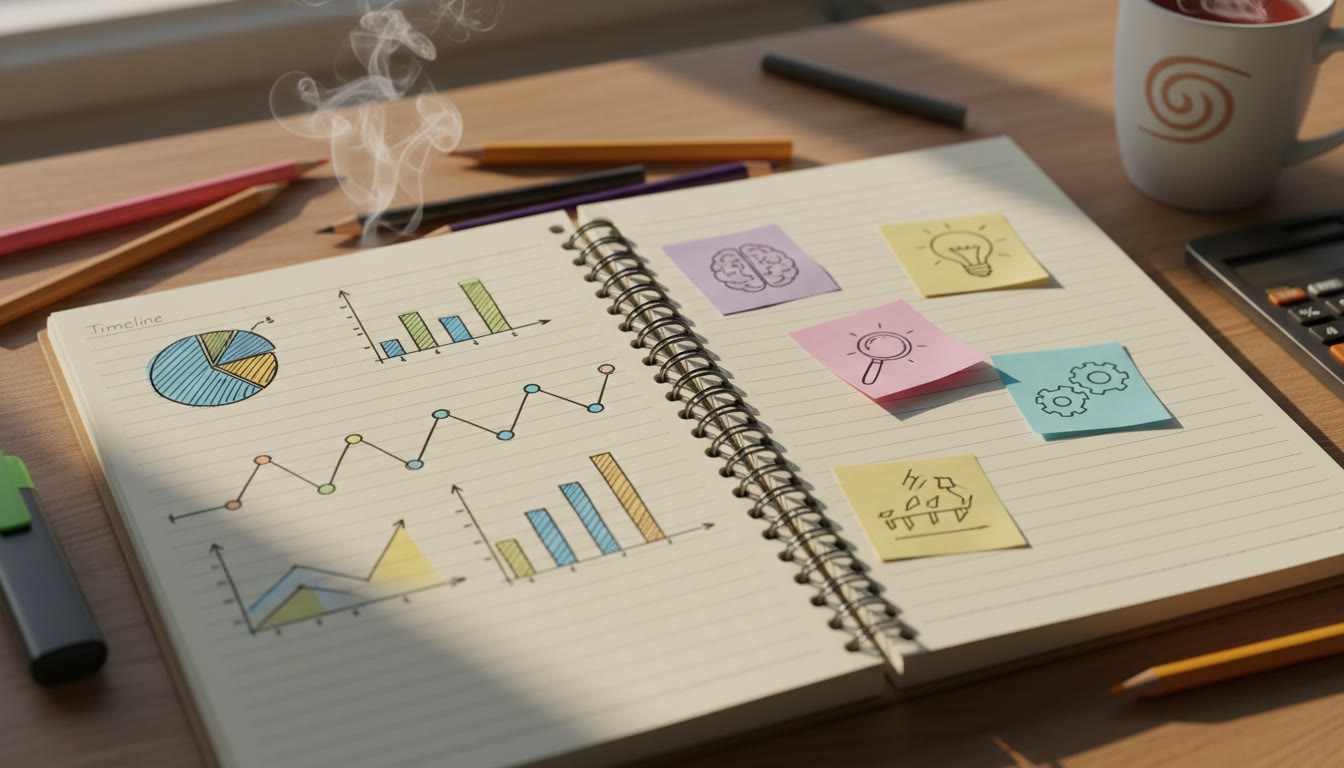 Photo Idea : Close-up of a student notebook showing a timeline, graphs and sticky notes for project planning