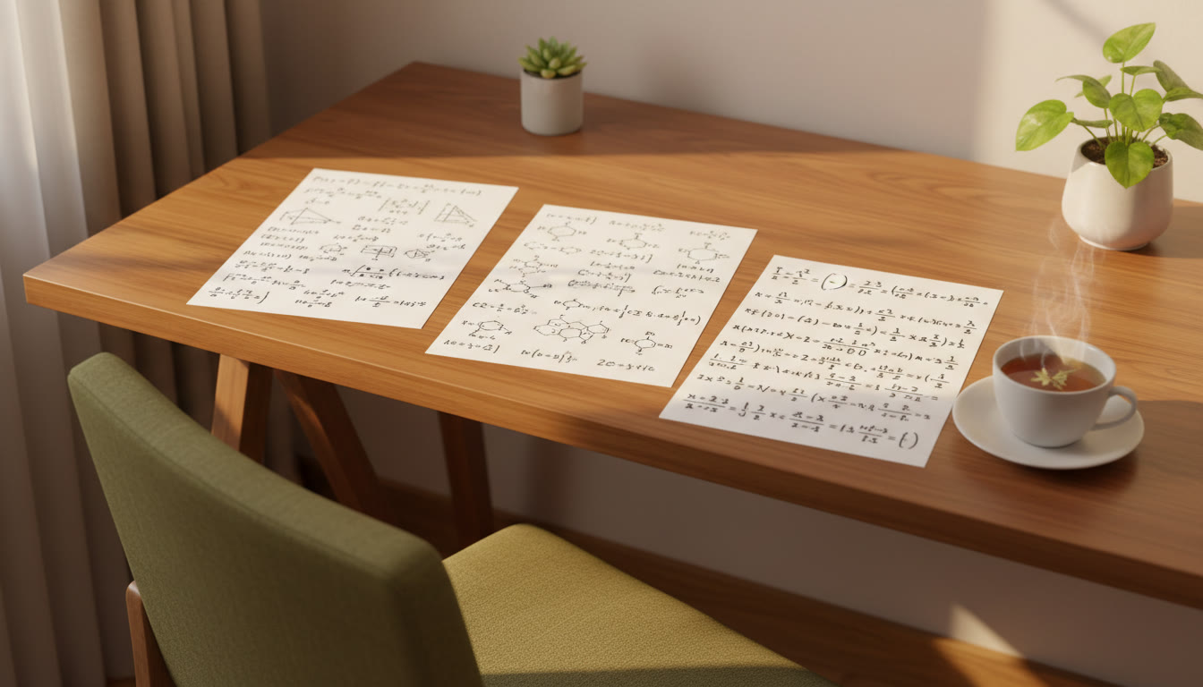 Photo Idea : A student’s desk with neatly written equation sheets for physics, chemistry, and mathematics, and a cup of tea nearby