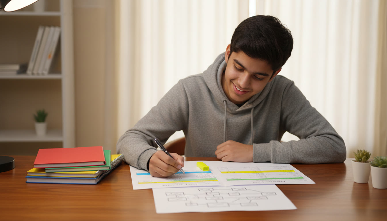 Photo Idea : A focused student at a desk, color-coded notebooks, a mock test paper with highlighted weak-topic list