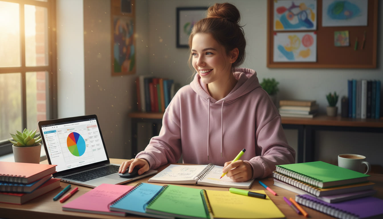 Photo Idea : A student sitting at a desk surrounded by color-coded subject notebooks and a laptop displaying a planning chart