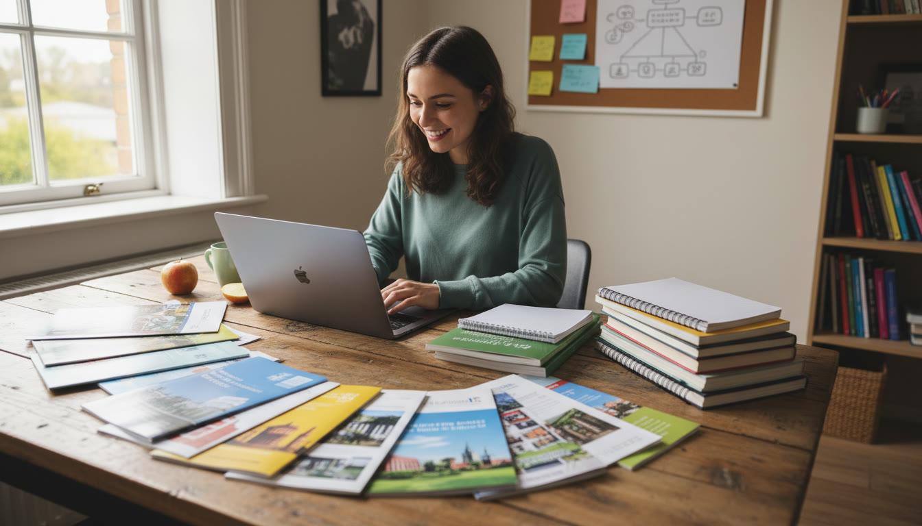 Photo Idea : An IB student working on the Extended Essay with university brochures spread across a table