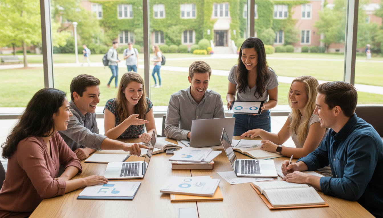 Photo Idea : A diverse group of IB students gathered around a table with laptops and scholarship paperwork