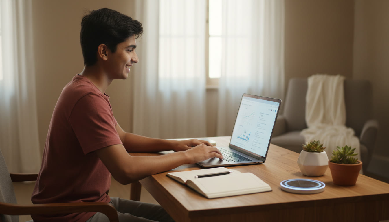 Photo Idea : Student at a neat study desk with notebook, timer, and laptop showing a mock-test screen