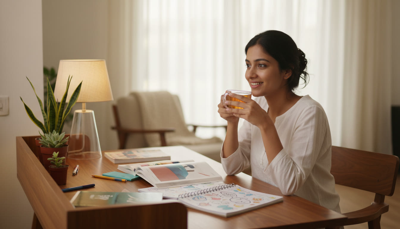 Photo Idea : Student at a tidy study desk with textbooks, a planner, and a cup of tea