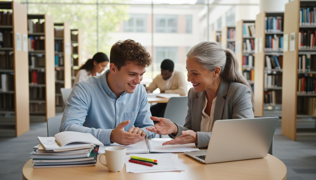 Photo Idea : A student and supervisor at a small table, leaning over a draft with notebooks and a laptop, both smiling and gesturing