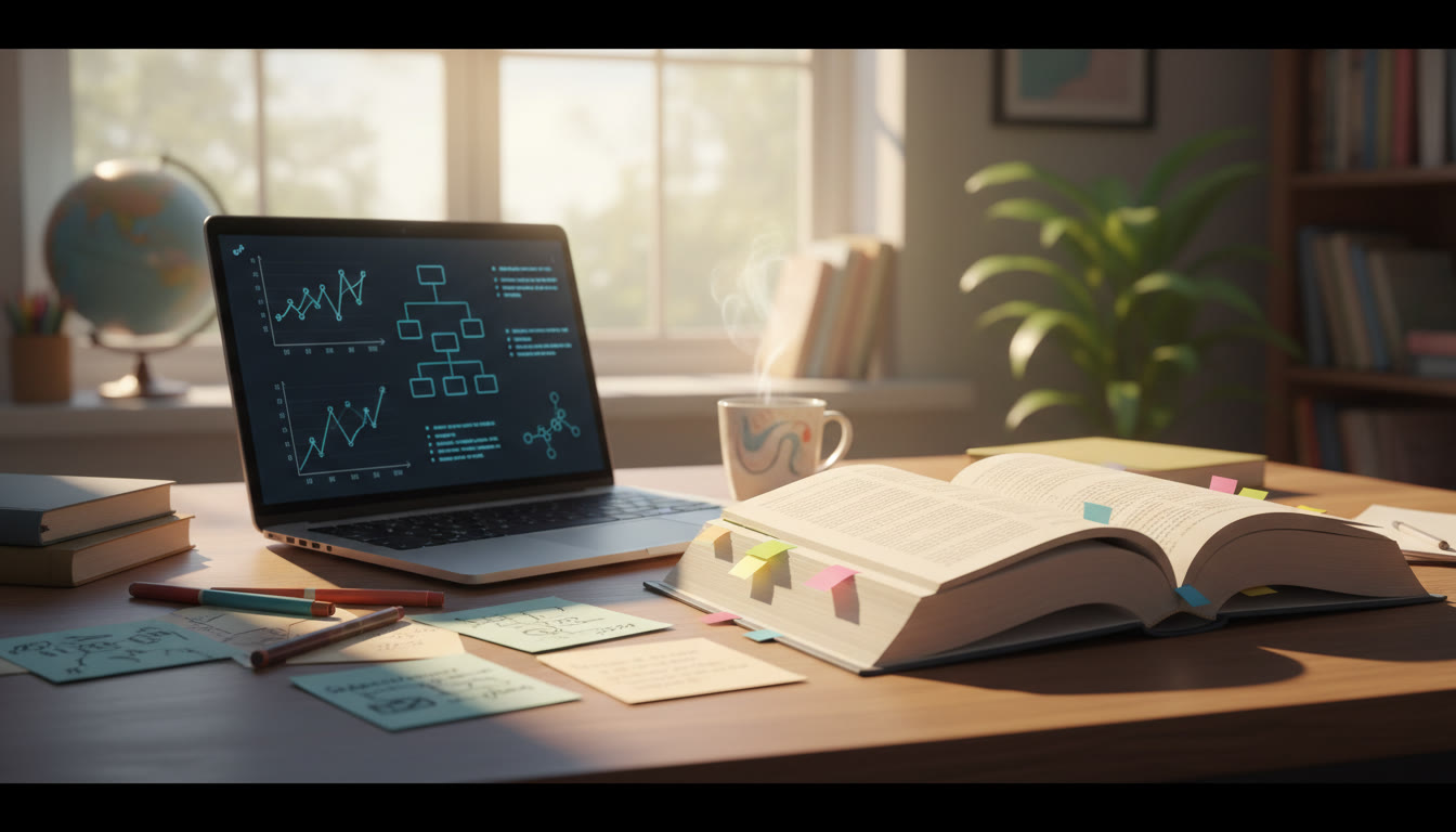 Photo Idea : A sunlit study table with an open book, annotated notecards, and a laptop displaying typed notes